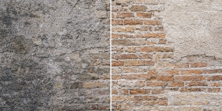 Confronto prima e dopo sabbiatura facciata a Brescia con rimozione di sporco e residui causati dall’umidità invernale su muro in mattoni.